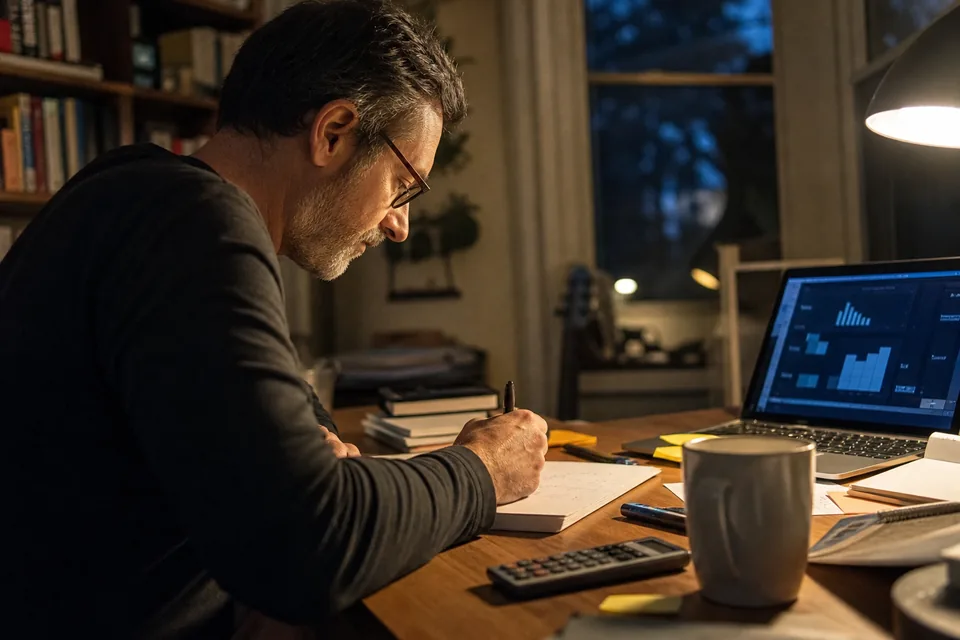 Engineer at a home office desk adding up per-call API costs on a notepad beside a laptop