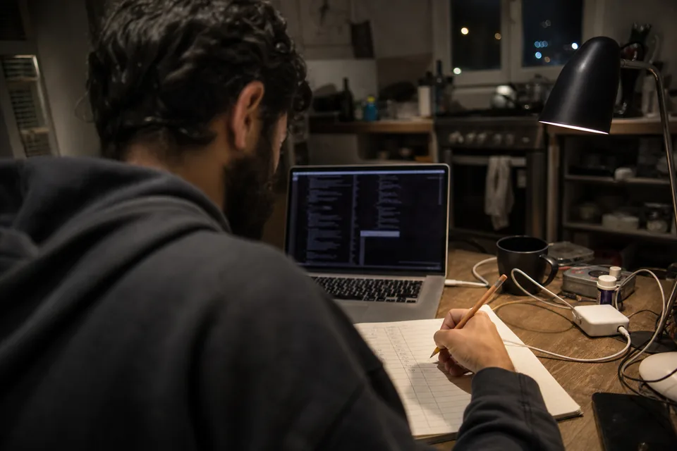Developer at a kitchen table at night sketching a two-column cost table in a notebook beside a laptop