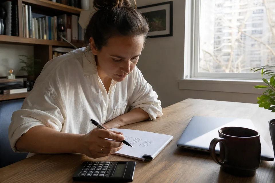 Engineer at a window desk sketching a cost comparison on a notepad beside a calculator