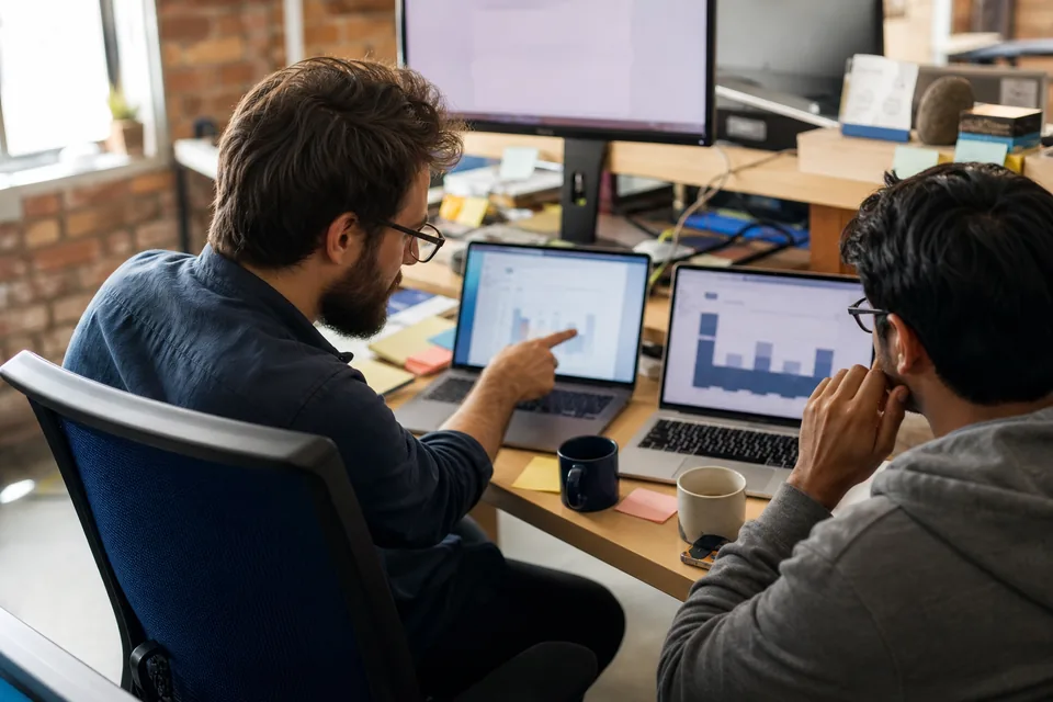 Two engineers comparing two scraping API quotes side by side on laptops