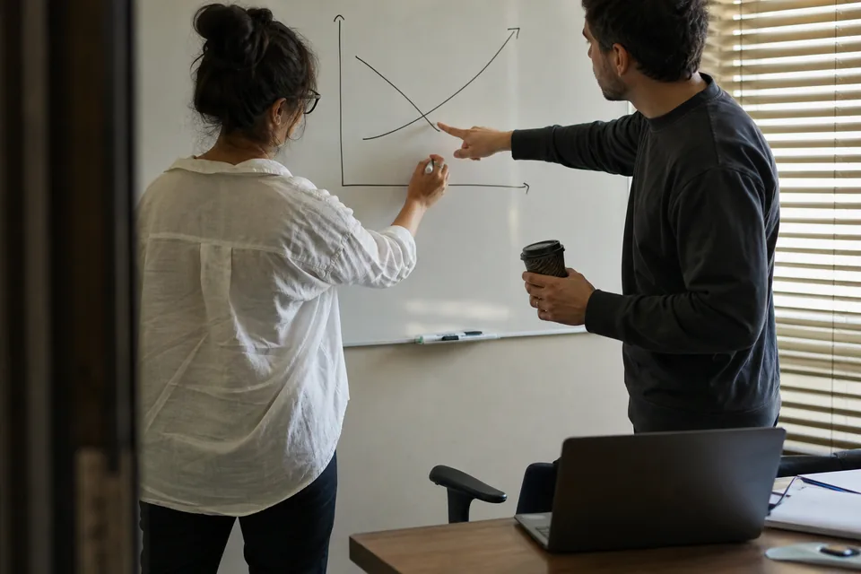 Two developers at a whiteboard sketching a cost crossover curve for two crawl vendors