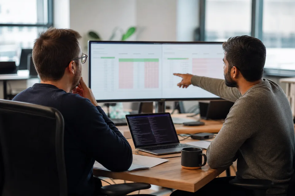 Two engineers comparing API cost sheets on a monitor in an office