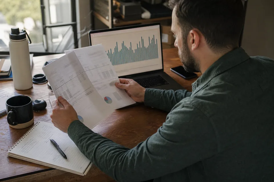 Data engineer comparing two scraping API invoices next to a laptop with a request volume chart