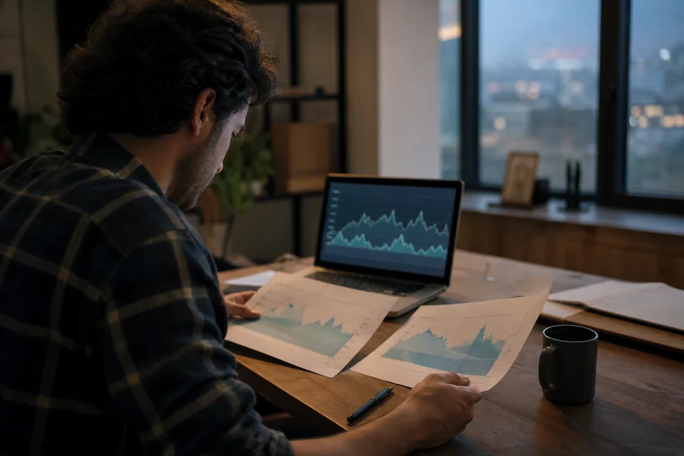 Backend engineer comparing two monthly usage reports beside a laptop with a request volume chart
