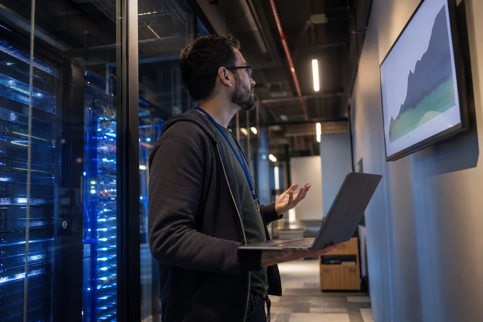 Data engineer checking a bandwidth usage graph on a monitor in a server room corridor